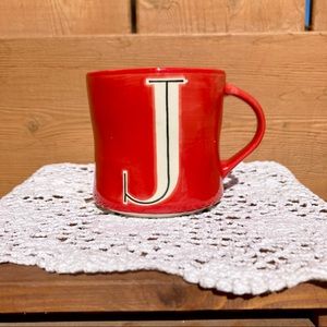 ANTHROPOLOGIE Monogram Initial "J" Red Ceramic Hand Painted Mug